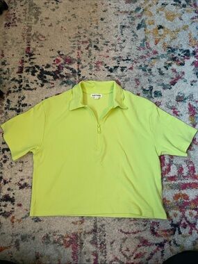 Roller Rabbit Lime Green Quarter-Zip Crop Top Polo Shirt Waffle Knit